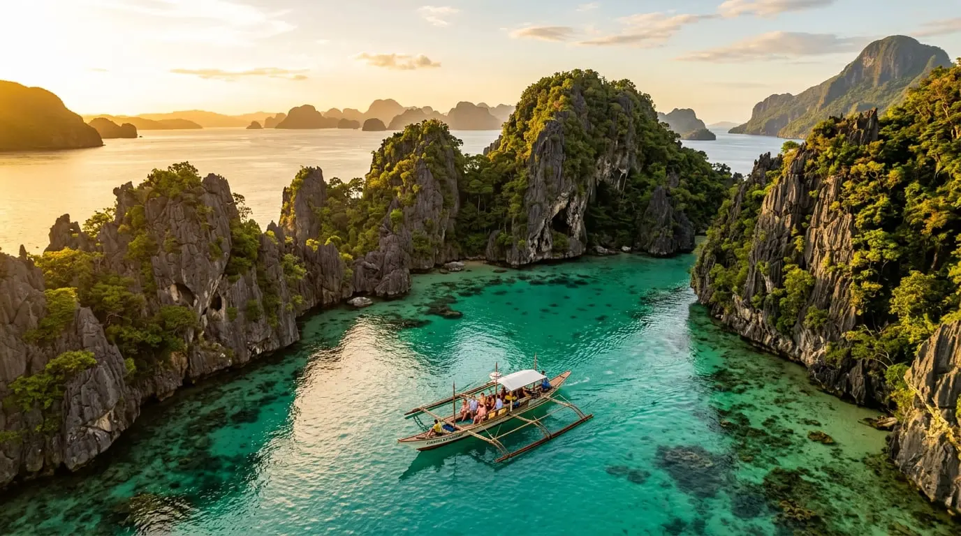 Bangka boat gliding through the turquoise lagoons of El Nido, Palawan